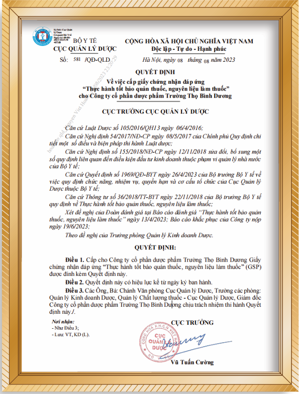 Giấy chứng nhận Thực hành tốt bảo quản thuốc